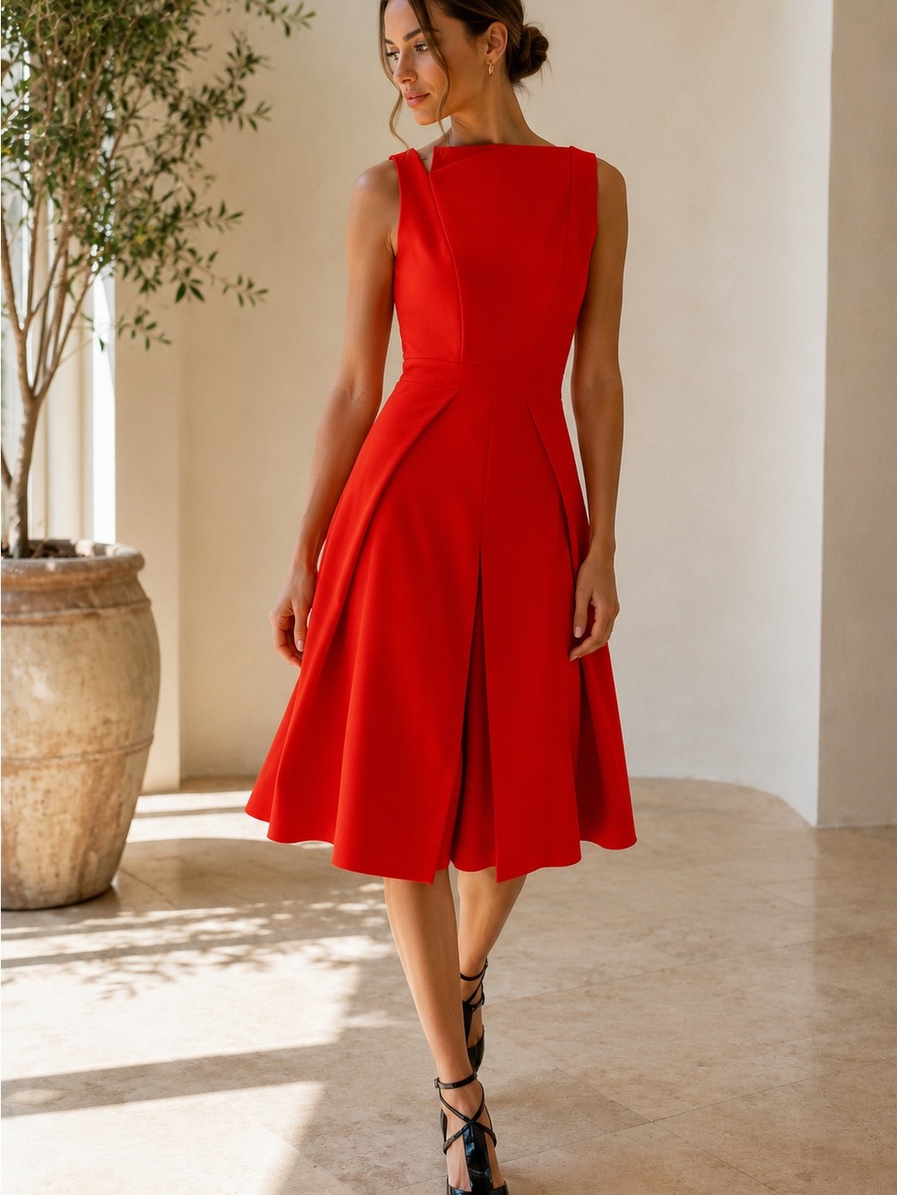 Sleeveless Red Midi Dress with Flared Pleat Skirt